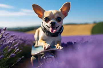 Rugzak Close-up portrait photography of a funny chihuahua skateboarding against lavender fields background. With generative AI technology © Markus Schröder