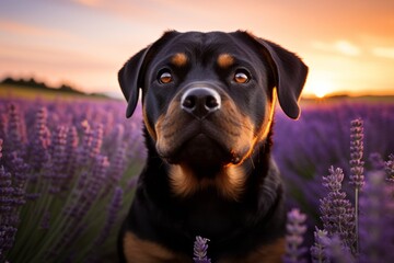 Conceptual portrait photography of a cute rottweiler watching a sunset with the owner against...