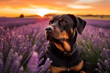 Conceptual portrait photography of a cute rottweiler watching a sunset with the owner against lavender fields background. With generative AI technology