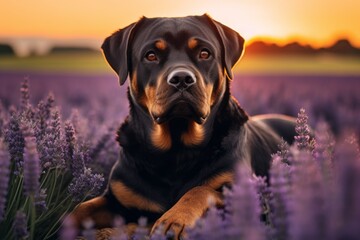 Conceptual portrait photography of a cute rottweiler watching a sunset with the owner against lavender fields background. With generative AI technology - obrazy, fototapety, plakaty