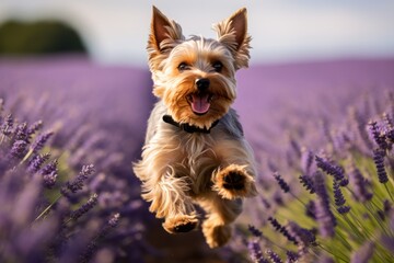 Medium shot portrait photography of a curious yorkshire terrier jumping against lavender fields...