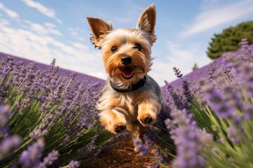 Medium shot portrait photography of a curious yorkshire terrier jumping against lavender fields...