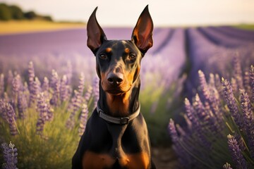 Lifestyle portrait photography of a happy doberman pinscher sniffing against lavender fields background. With generative AI technology