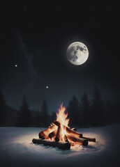 illustrazione di fuco di legna che arde allegramente all'aperto in un note di luna piena con cielo stellato