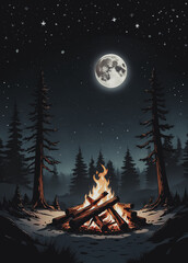 illustrazione di fuco di legna che arde allegramente all'aperto in un note di luna piena con cielo stellato - obrazy, fototapety, plakaty
