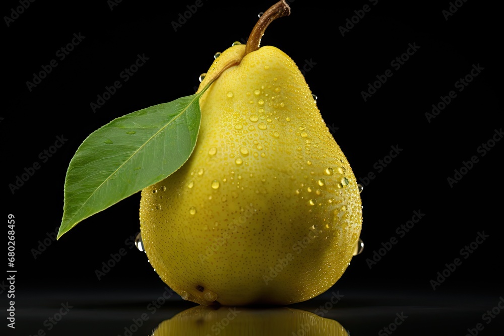 Aufkleber a close up of a pear with a leaf on it's tip and water droplets on it's surface.