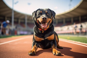 Environmental portrait photography of a smiling rottweiler sitting against race tracks background. With generative AI technology