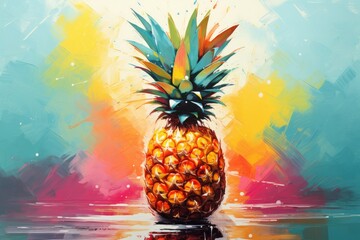  a painting of a pineapple sitting on top of a body of water in front of a brightly colored background.