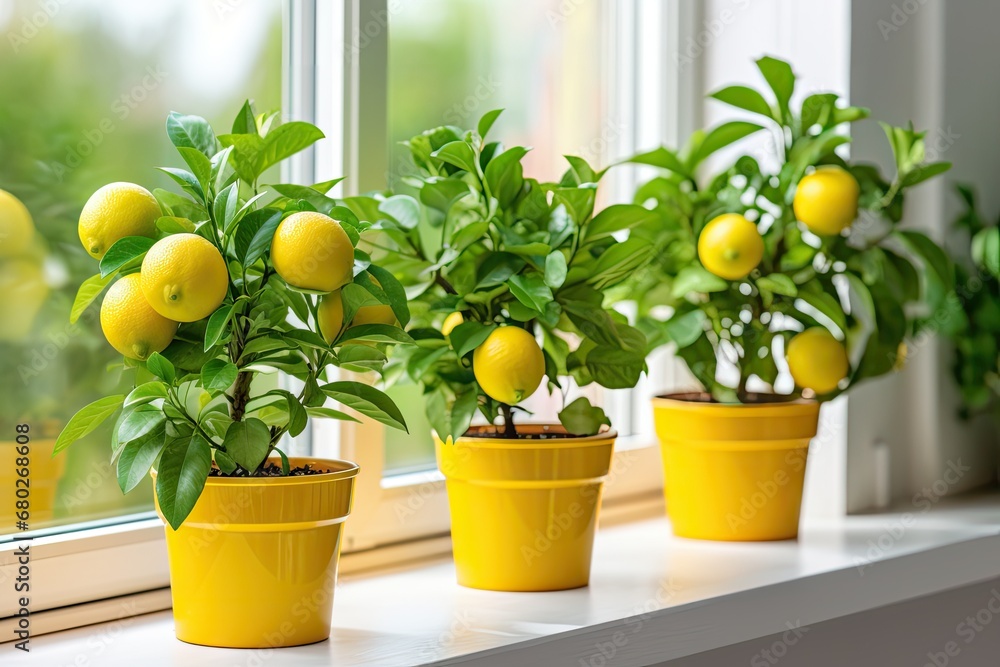 Poster a row of lemon trees sitting on top of a window sill next to a window sill filled with lemons.