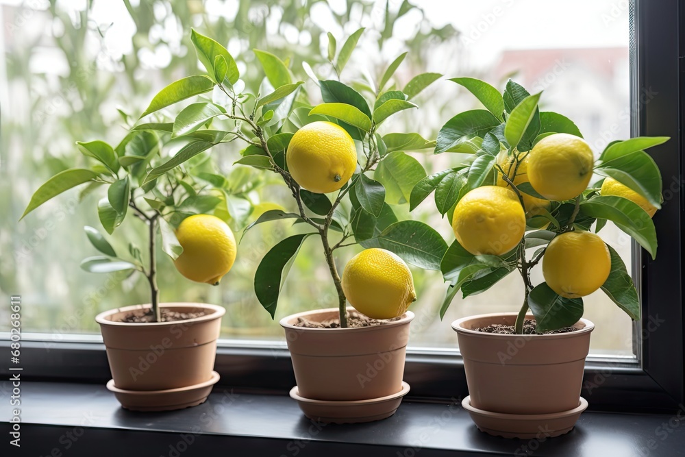 Poster a group of lemon trees sitting on top of a window sill next to a potted plant in front of a window.