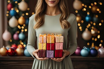 A girl with many gifts and Christmas packages. Generative AI