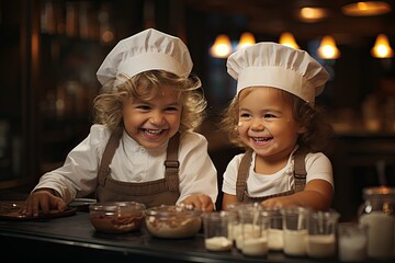 Girls dressed as cooks playing in the kitchen. Generative AI
