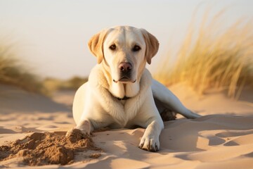 Lifestyle portrait photography of a curious labrador retriever lying down against sand dunes...