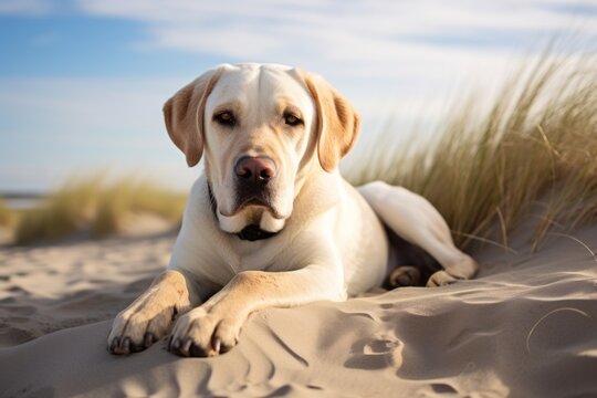 Lifestyle portrait photography of a curious labrador retriever lying down against sand dunes background. With generative AI technology