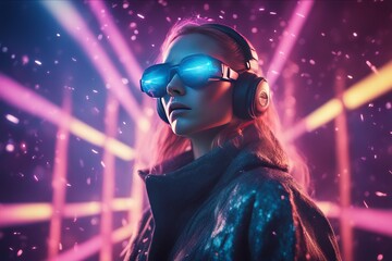 3d illustration of a woman in sunglasses and headphones with neon lights 3d illustration of a woman...