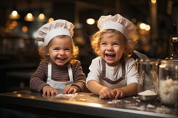 Girls dressed as cooks playing in the kitchen. Generative AI