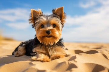 Medium shot portrait photography of a happy yorkshire terrier lying down against sand dunes background. With generative AI technology