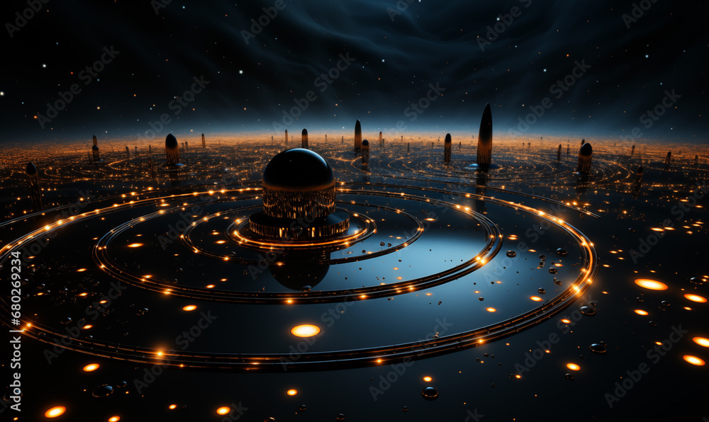 Poster futuristic space station in the outer space. 3d rendering.