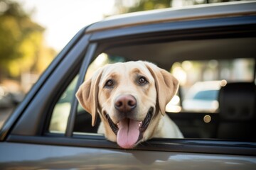 Medium shot portrait photography of a happy labrador retriever sticking head out of a car window against cemeteries background. With generative AI technology