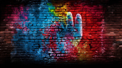 Vibrant Urban Expression: Colorful Graffiti Adorning an Aged Brick Wall, a Burst of Street Art Creativity. Multicolored Spray Paint Designs Transforming an Old Urban Canvas, Abstract Mural on Weathere
