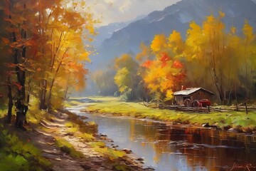 oil painting, canvas background oil painting, canvas background painting of a beautiful autumn landscape