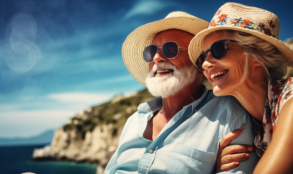 Happy senior couple in hats and sunglasses enjoying summer vacation on the beach.
