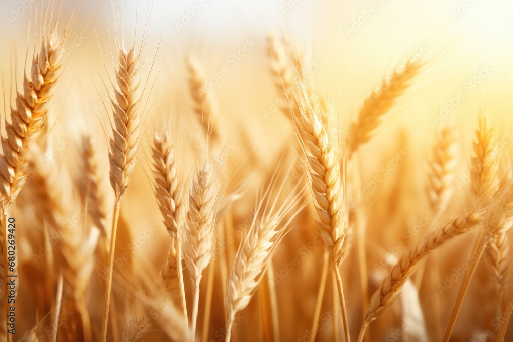 Poster a close up of a field of wheat with the sun shining through the ears of the wheat in the background.