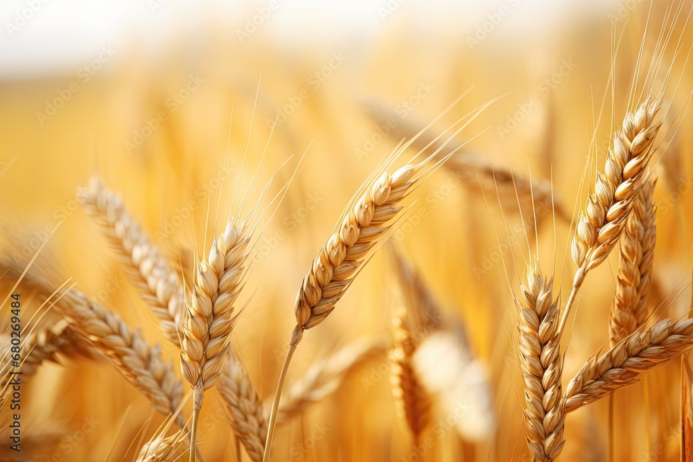 Poster a close up of a wheat field with a blurry image of the stalks of wheat in the foreground.