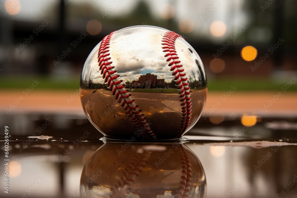 Poster a baseball sitting on top of a wet ground next to a puddle with a reflection of a building in it.