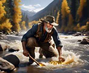 Golden Pursuit: Prospector Relives the Gold Rush Era, Panning for Treasure in a Rushing River. generative AI - obrazy, fototapety, plakaty
