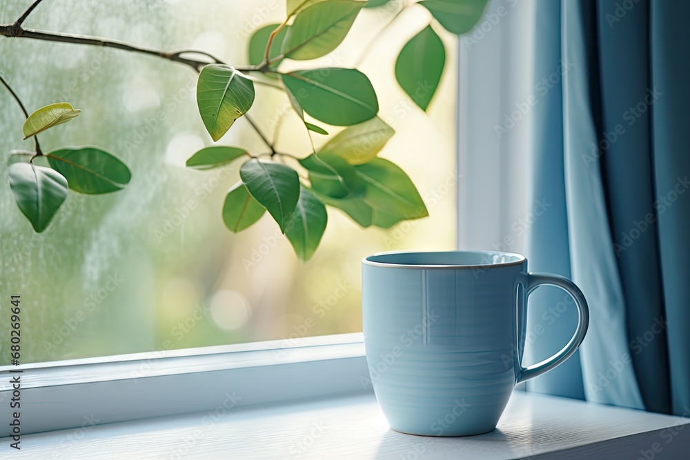 Poster a cup sitting on a window sill next to a window sill with a tree branch in front of it.