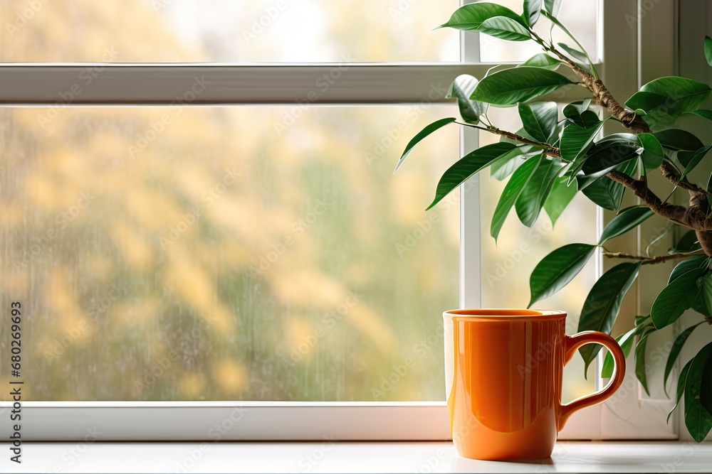 Poster a coffee cup sitting on a window sill next to a window sill with a tree in the background.