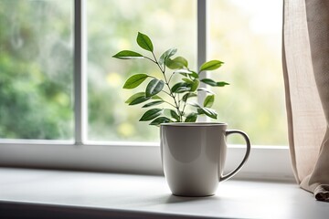 a potted plant sitting on a window sill next to a window sill with a curtain in front of it.