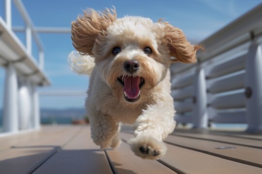 Close-up portrait photography of a smiling poodle running against observatory decks background. With generative AI technology