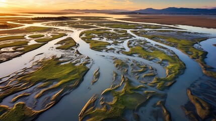 California Wetlands Restoration at Sears Point. Aerial View of Low Tide Marsh Restoration with Sunset Over the Calm Waters - obrazy, fototapety, plakaty