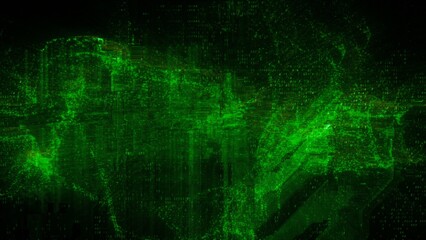Abstract green error code glitch background. Technology and communications HUD copy space backdrop. 3D illustration with information noise of cyberspace network security software hack.