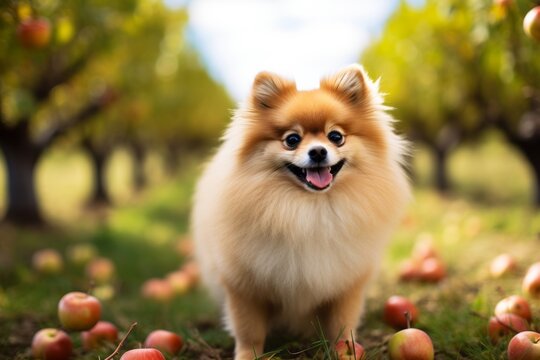 Environmental portrait photography of a funny pomeranian being at a dog park against apple orchards background. With generative AI technology
