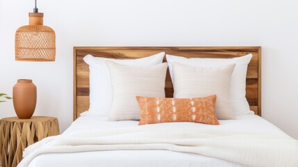 Natural Bedroom with Brown and Orange Pillows on White Bed. Interior with Wicker Lamp and Wooden Bedside Table with Vase