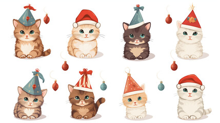 Set of cute cartoon cats in christmas hats. Vector illustration.