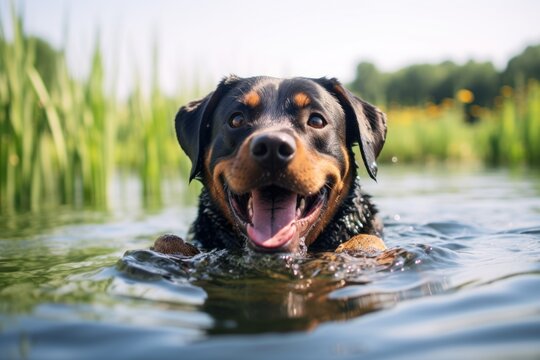 Lifestyle portrait photography of a happy rottweiler swimming in a lake against tulip fields background. With generative AI technology