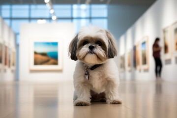 Medium shot portrait photography of a funny shih tzu being at an art gallery against city skylines background. With generative AI technology