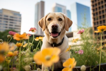 Lifestyle portrait photography of a cute labrador retriever being in a field of flowers against...