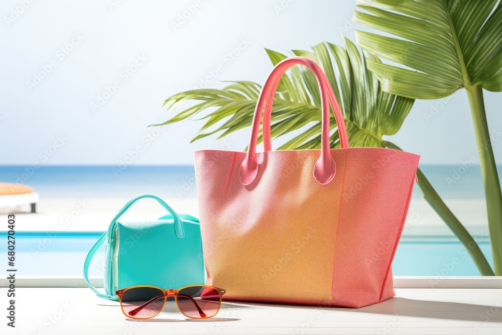 Poster a pair of sunglasses and a tote bag sitting on a table next to a palm tree and a pool.
