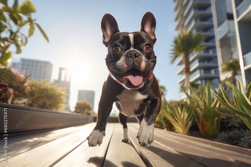 Wall mural environmental portrait photography of a cute french bulldog running on the beach against urban rooft