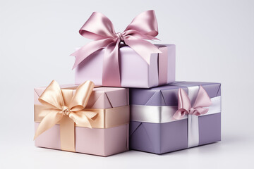 A stack of beautifully wrapped presents, each with a unique bow, on a radiant white background. AI generated