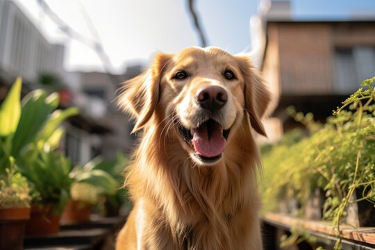 Headshot portrait photography of a smiling golden retriever scratching nose against urban rooftop gardens background. With generative AI technology