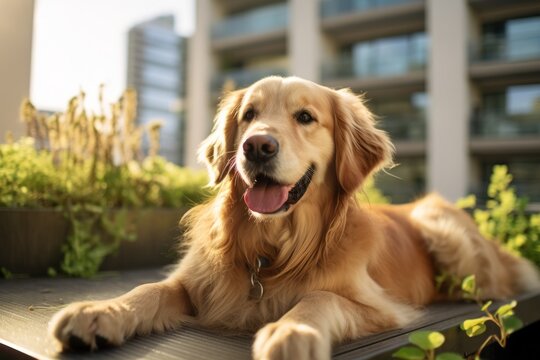 Headshot portrait photography of a smiling golden retriever scratching nose against urban rooftop gardens background. With generative AI technology