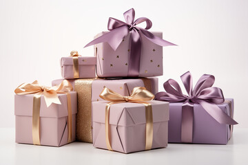 A stack of beautifully wrapped presents, each with a unique bow, on a radiant white background. AI generated
