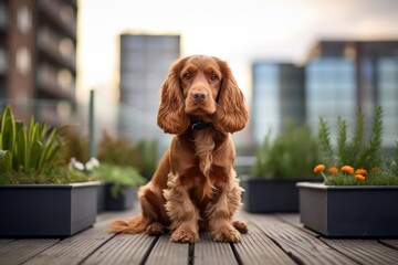 Lifestyle portrait photography of a curious cocker spaniel sitting on a bench against urban rooftop gardens background. With generative AI technology - obrazy, fototapety, plakaty