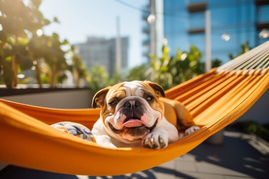 Lifestyle portrait photography of a happy bulldog lying in a hammock against urban rooftop gardens background. With generative AI technology